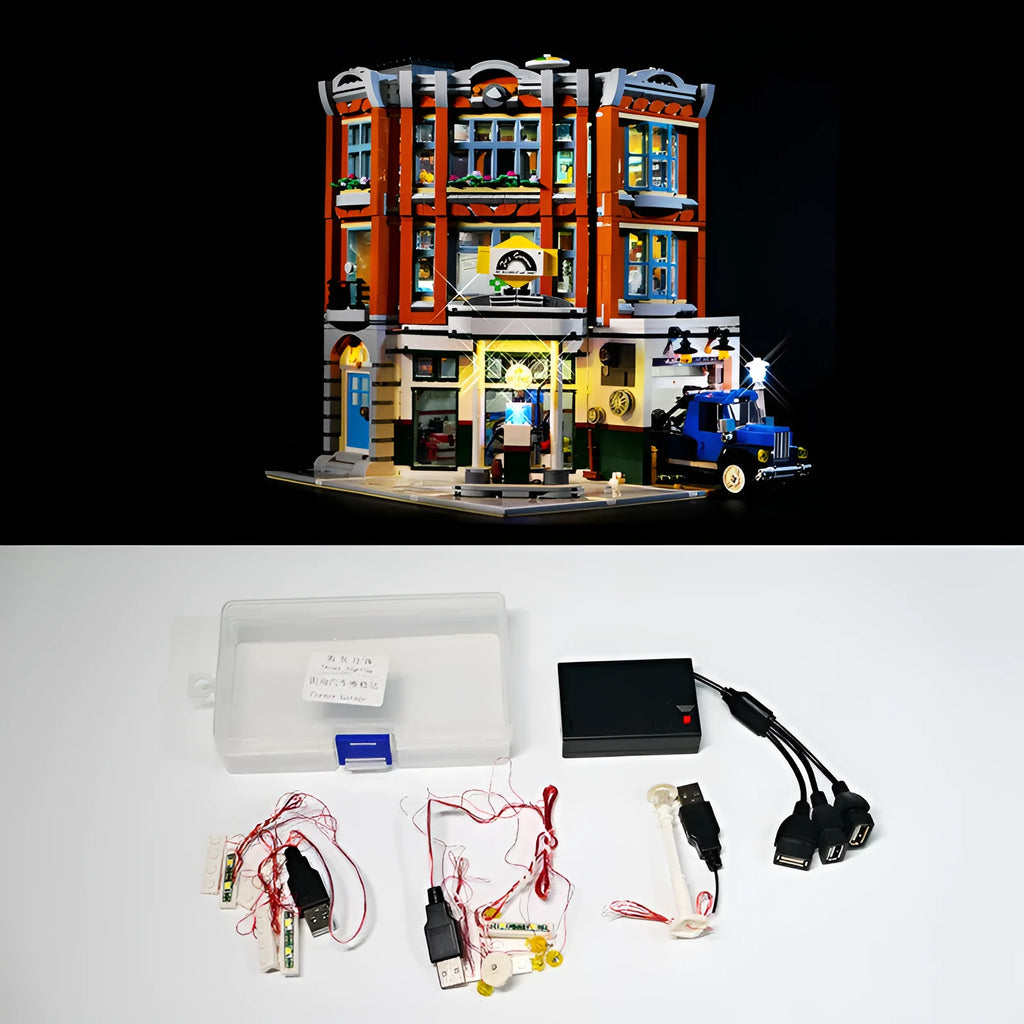 MOC modified LED lighting accessories plastic kit in corner repair shop colours for model building