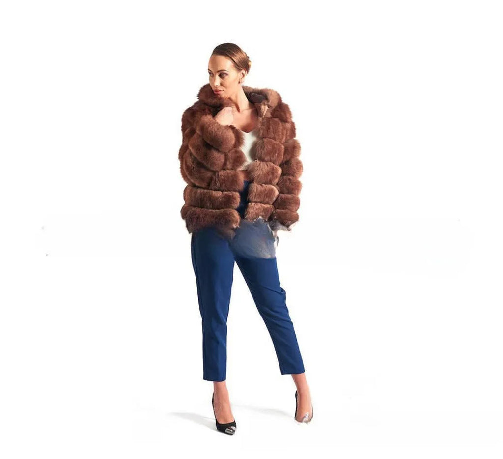 Women's artificial fur hooded coat in street fashion style with 65cm length