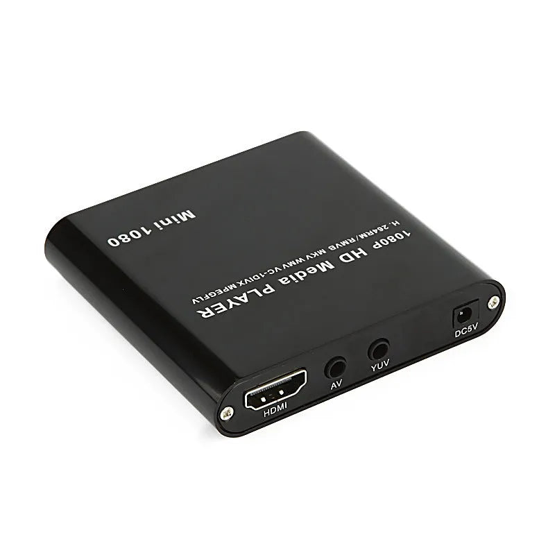 Compact black 1080p Full HD media player with HDMI, SD card, and USB ports on a white background.