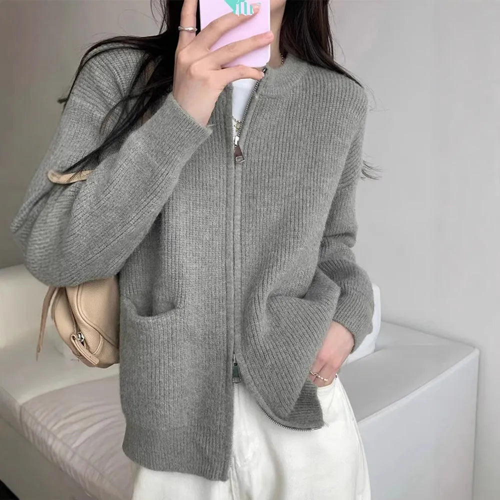 Women's beige soft wind glutinous sweater coat cardigan with long sleeves