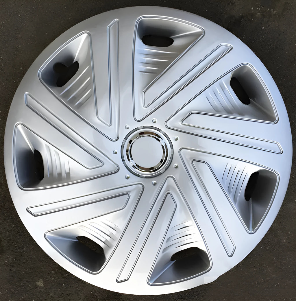 Universal monochrome ABS plastic wheel hub cover in silver finish, shown next to a black version.