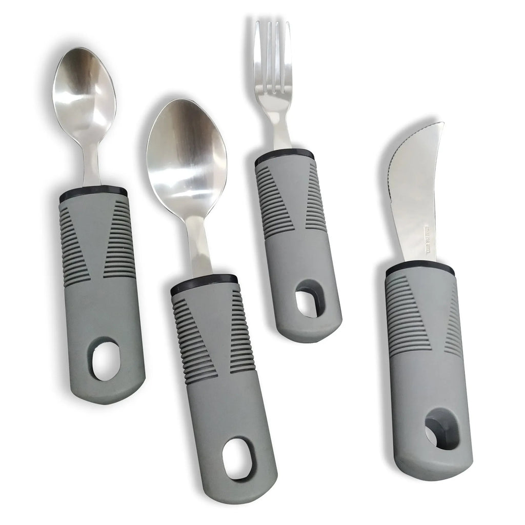 Stainless steel adaptive cutlery set with rubber handles for elderly and rehabilitation eating assistance
