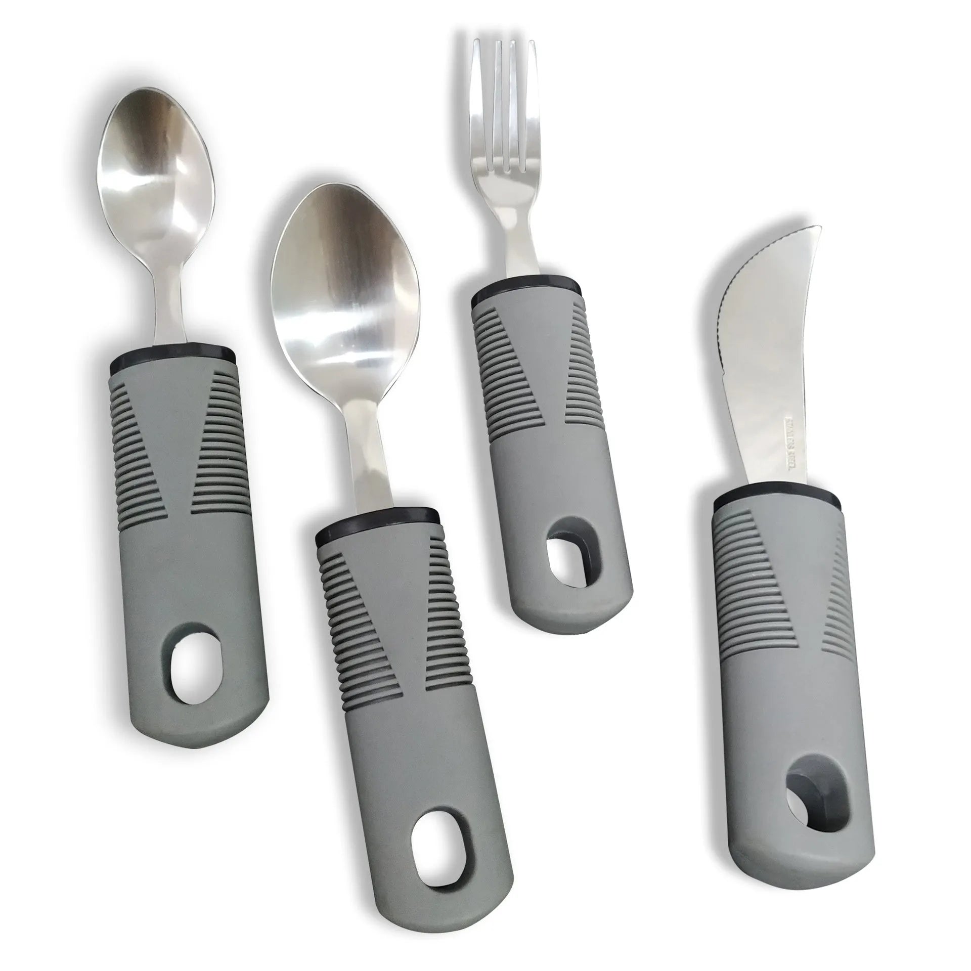 Stainless steel adaptive cutlery set with rubber handles for elderly and rehabilitation eating assistance