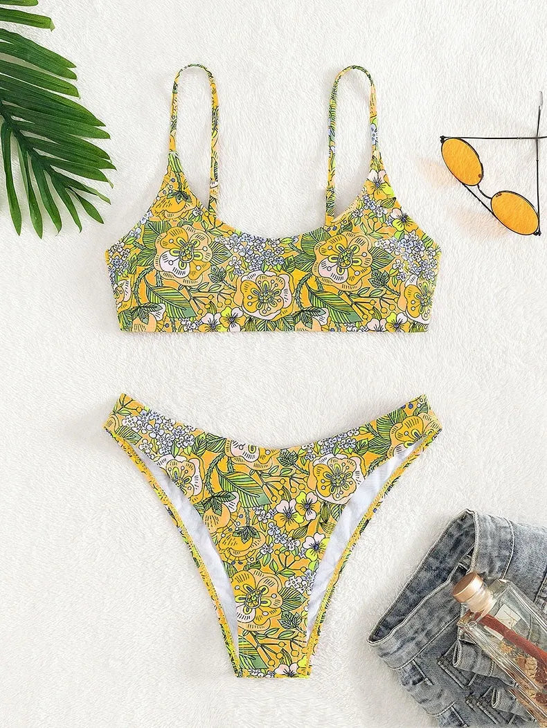 New printed polyester sling bikini set in peacock blue with brief bottoms, front view