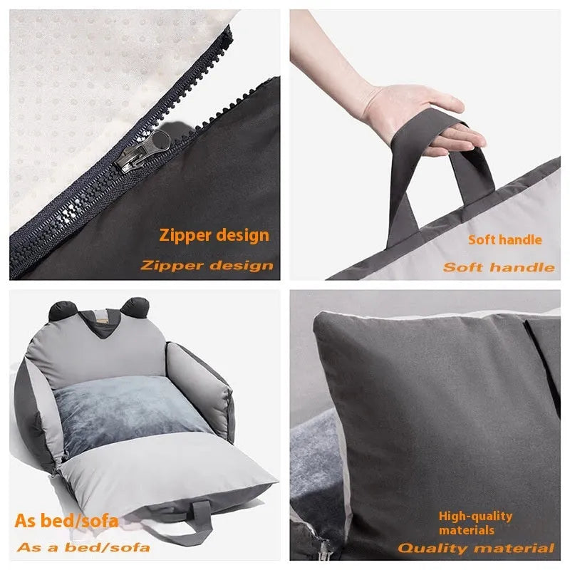 Removable washable grey beige car kennel for dogs on a car seat