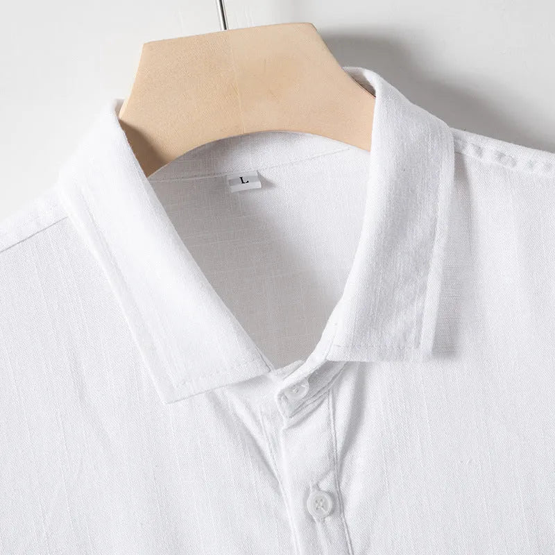Men's linen blend T-shirt with loose lapels and short sleeves in solid colours