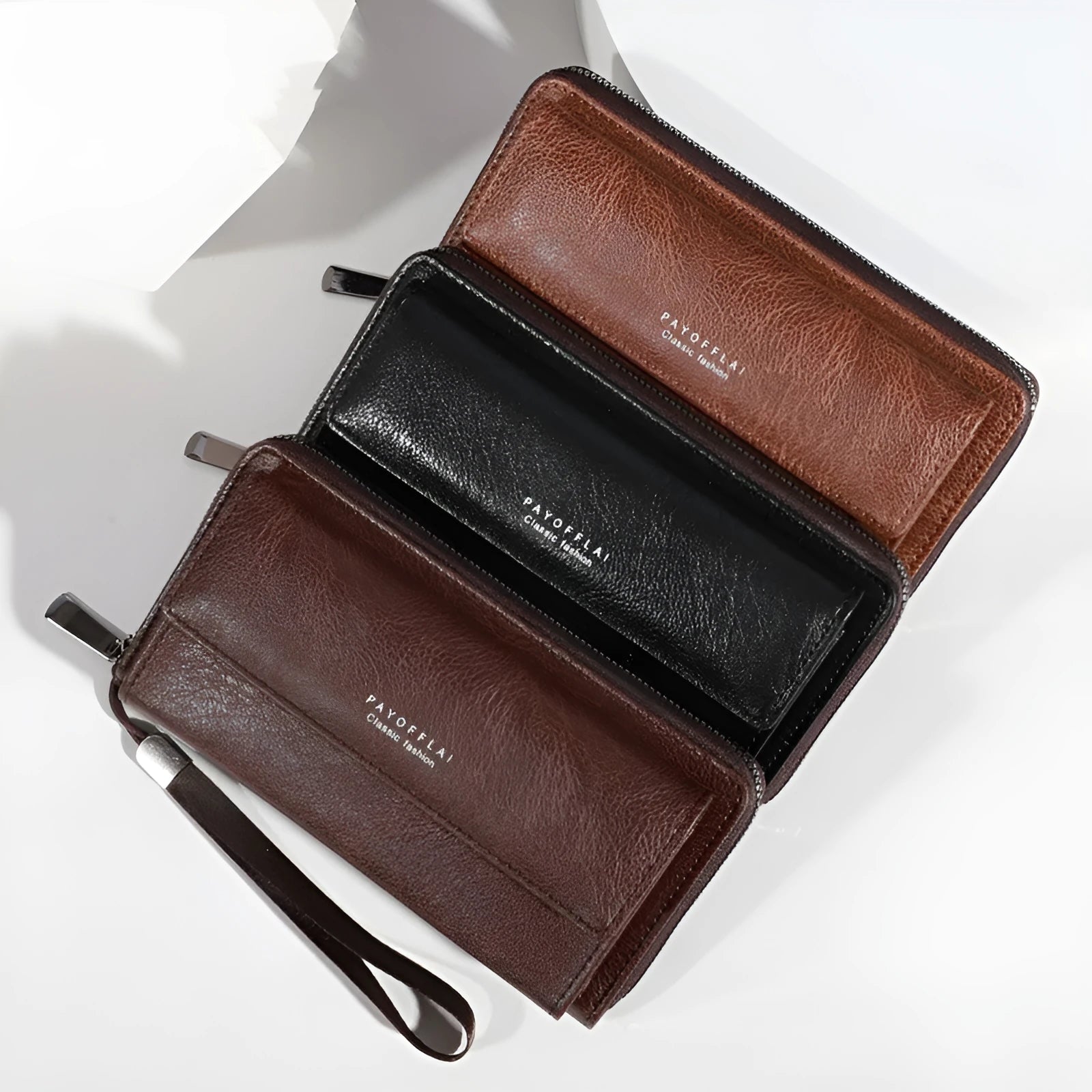 Men's black PU leather long wallet with multiple card slots, shown closed.