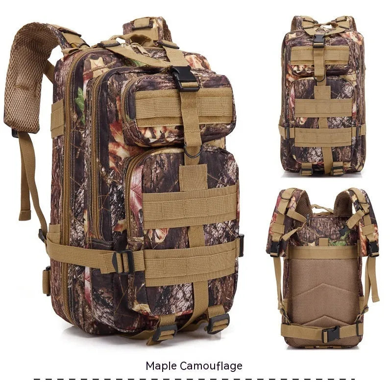 Large khaki coloured off-road hiking backpack with air pillow belt system on a rocky outdoor trail.