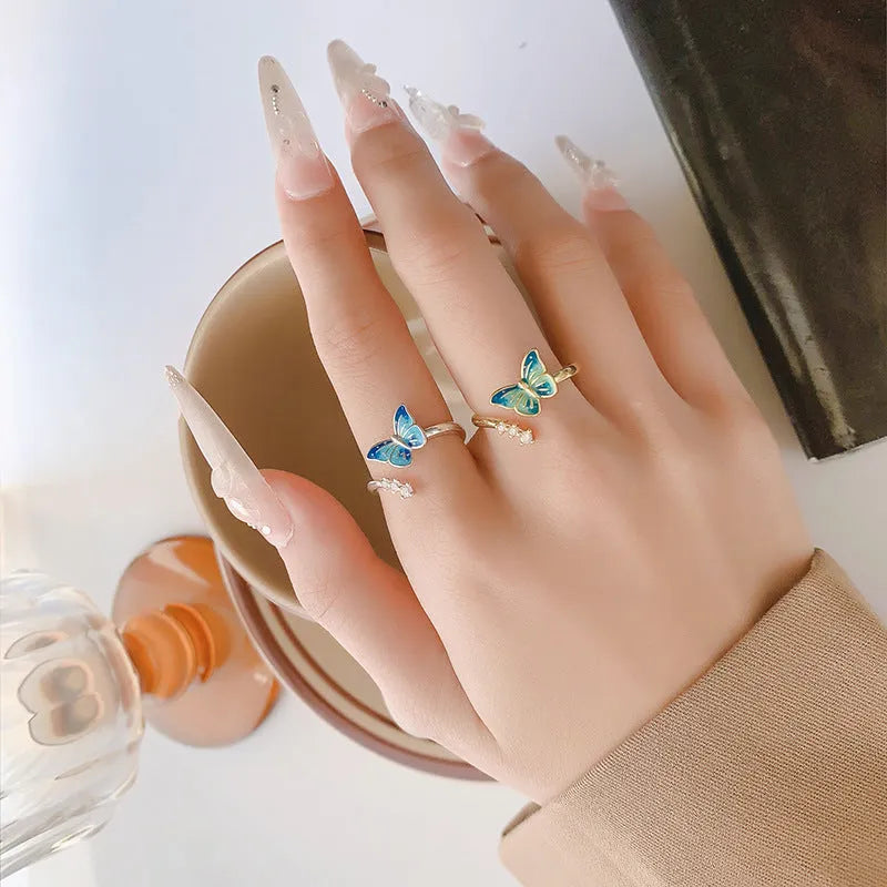 National style new Chinese enamel butterfly ring with adjustable opening, blue hue, copper base, silver finish