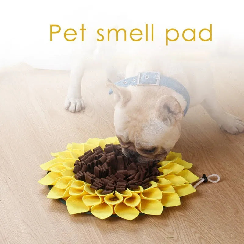 Yellow sunflower-shaped dog snuffle mat with fabric layers for hiding treats during nosework training