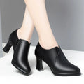 Soft leather PU pumps shoes with deep mouth side zipper and thick heel in black