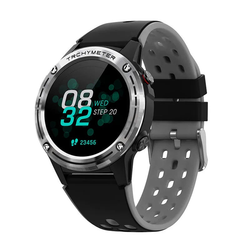 Blue silicone strap 1.3 inch outdoor sports smart watch displaying health metrics on its screen.