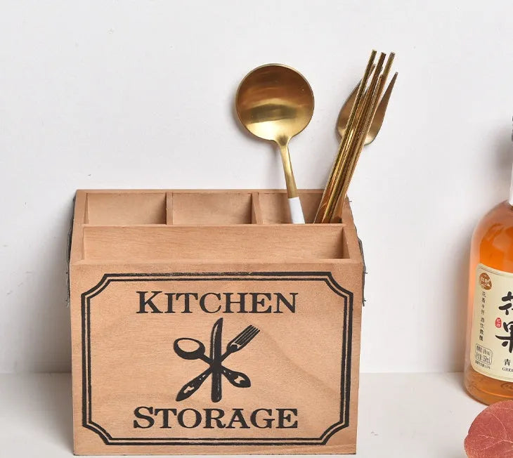 Wooden kitchen storage box with compartments for knives forks and chopsticks