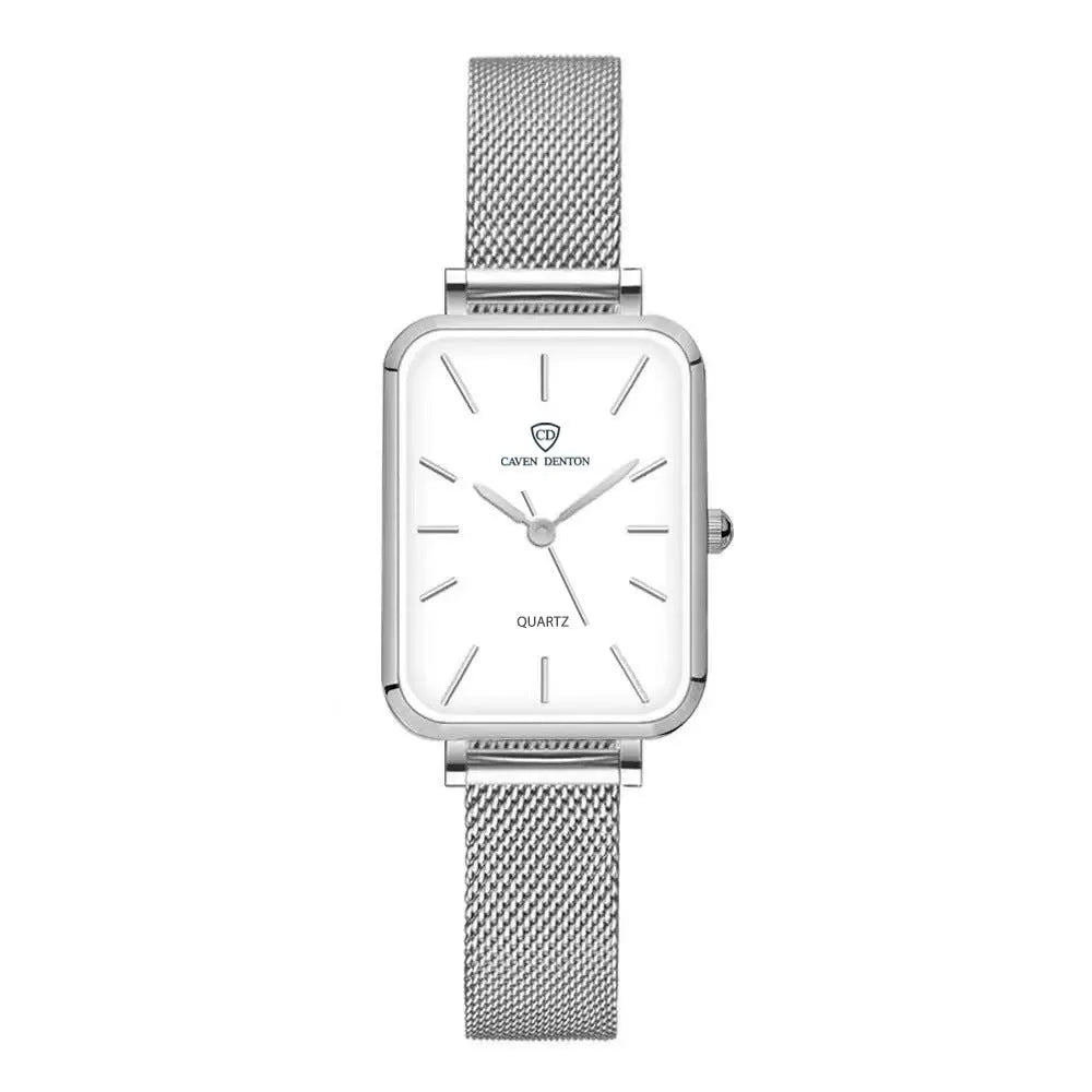 Womens waterproof watch with woven steel strap and alloy case in rose gold or silver