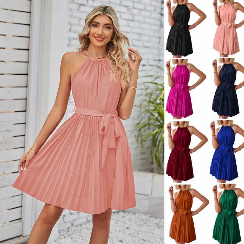 Women's black chiffon halter dress with pleated midi skirt and adjustable waist belt.