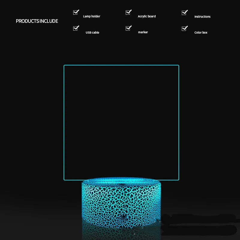 3D acrylic LED message board night light with remote control and marker pen on a desk.
