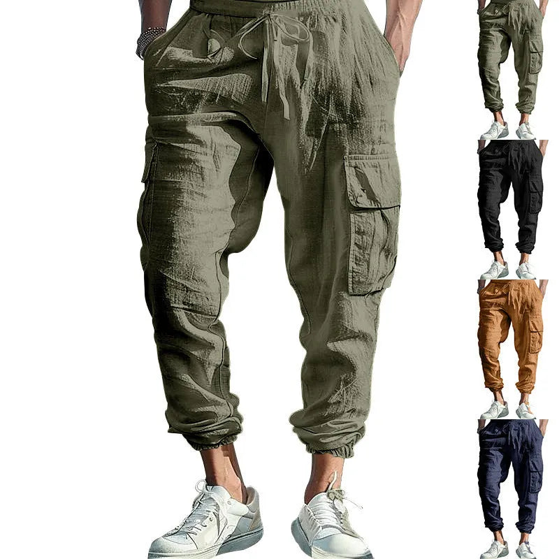 Men's linen casual trousers with elastic drawstring waist and ankle-tied cuffs in solid colours