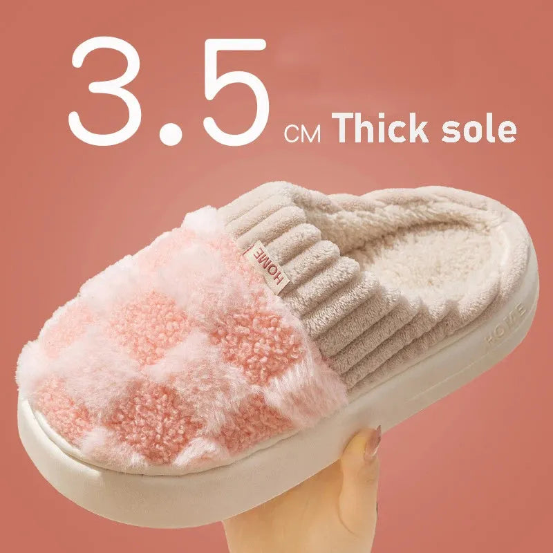 Women's plaid pattern plush slippers with a non-slip PVC sole, shown in a choice of colours.