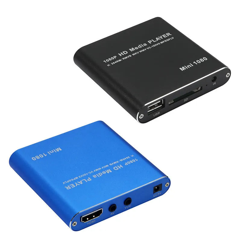 Compact black 1080p Full HD media player with HDMI, SD card, and USB ports on a white background.