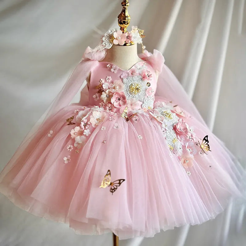 Children's mesh sleeveless vest host dress in pink with animal and flower pattern, princess style, cotton lining
