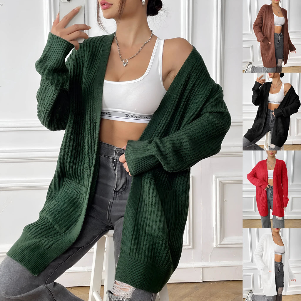 Women's dark green loose-fit cardigan with two front pockets and long sleeves.
