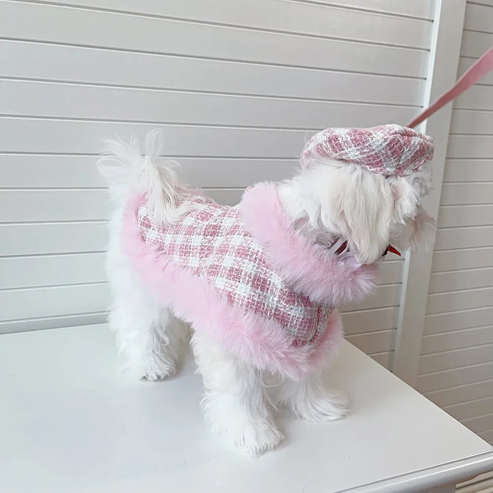 Pink cat clothing set with beret, cloak, and hand-holding rope accessory for female cats