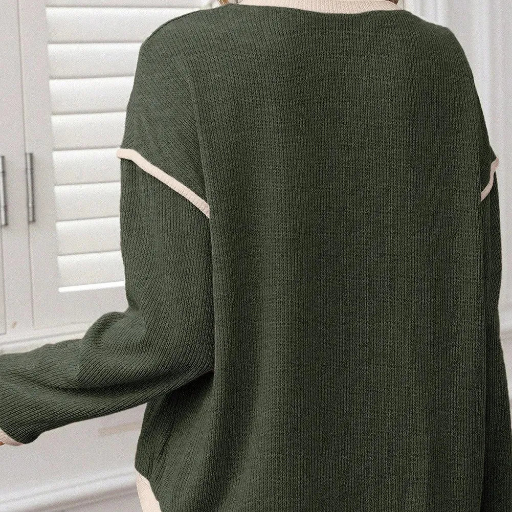 Four Leaf Clover contrast trim knit drop shoulder loose top in polyester elastane fabric