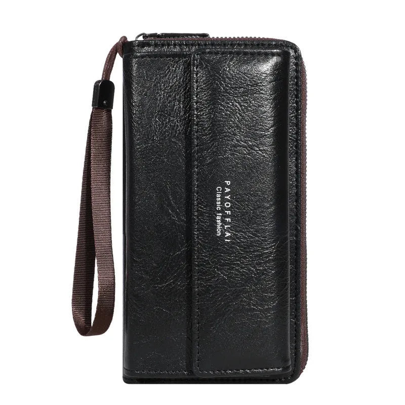 Men's black PU leather long wallet with multiple card slots, shown closed.