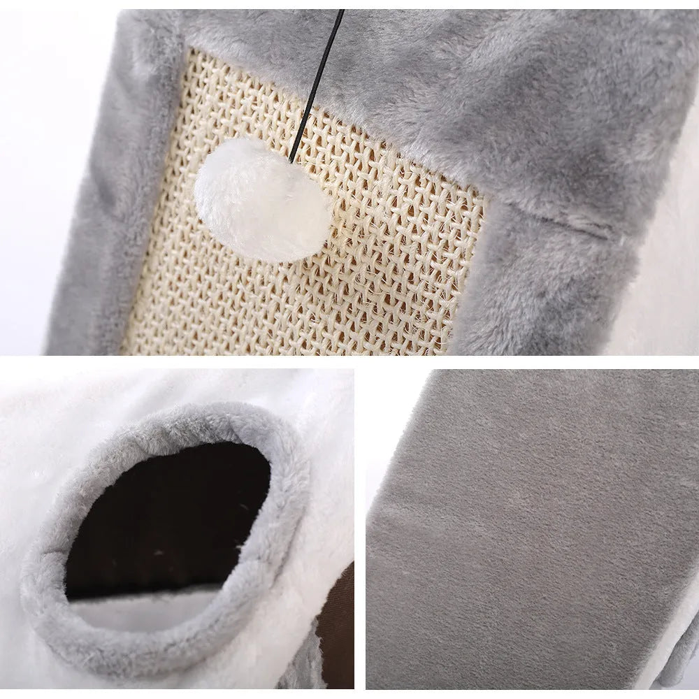Triangular cat scratching post with sisal surfaces and soft plate fur bed in grey and white colour