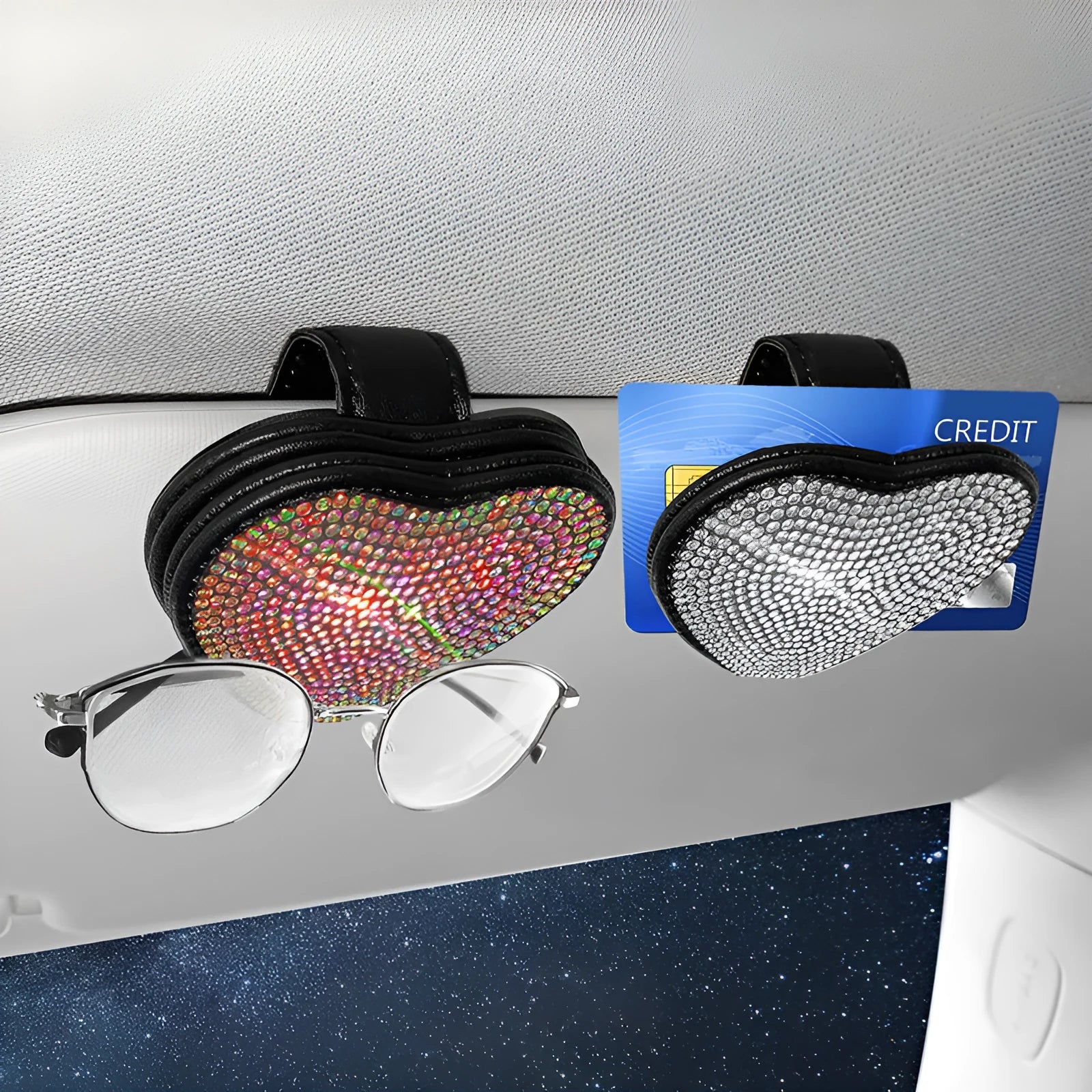 PU leather magnetic car sun visor clip for sunglasses and tickets in multiple colour options.