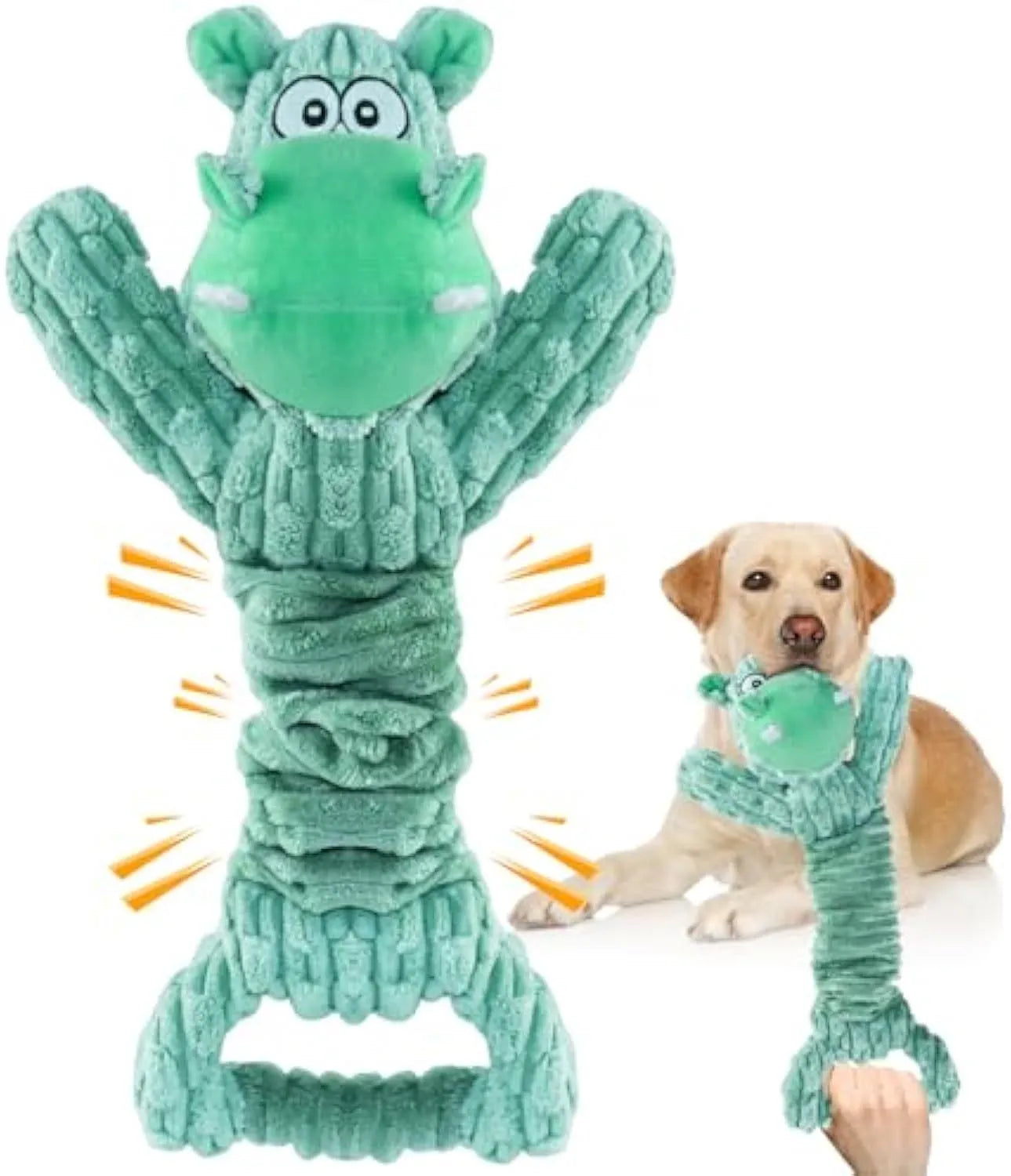 Large soft plush squeaky dog toy in animal design with a handle for tug of war.