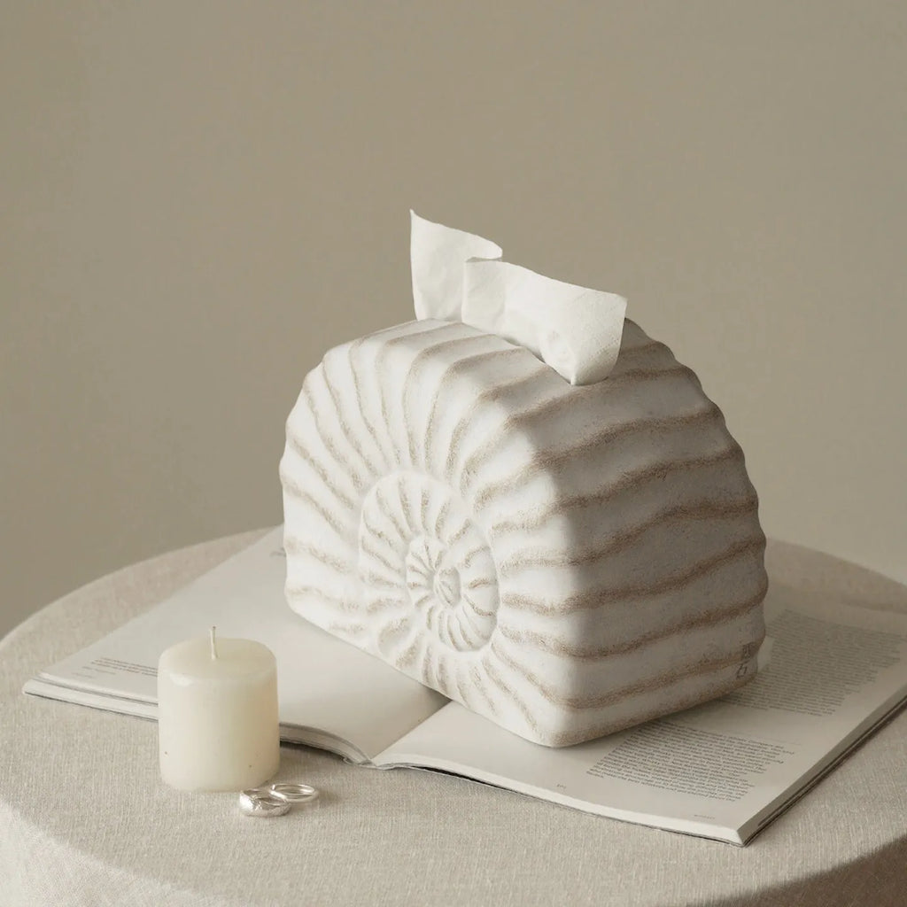 Modern conch shell shaped resin tissue box cover in a conch ramble colour.