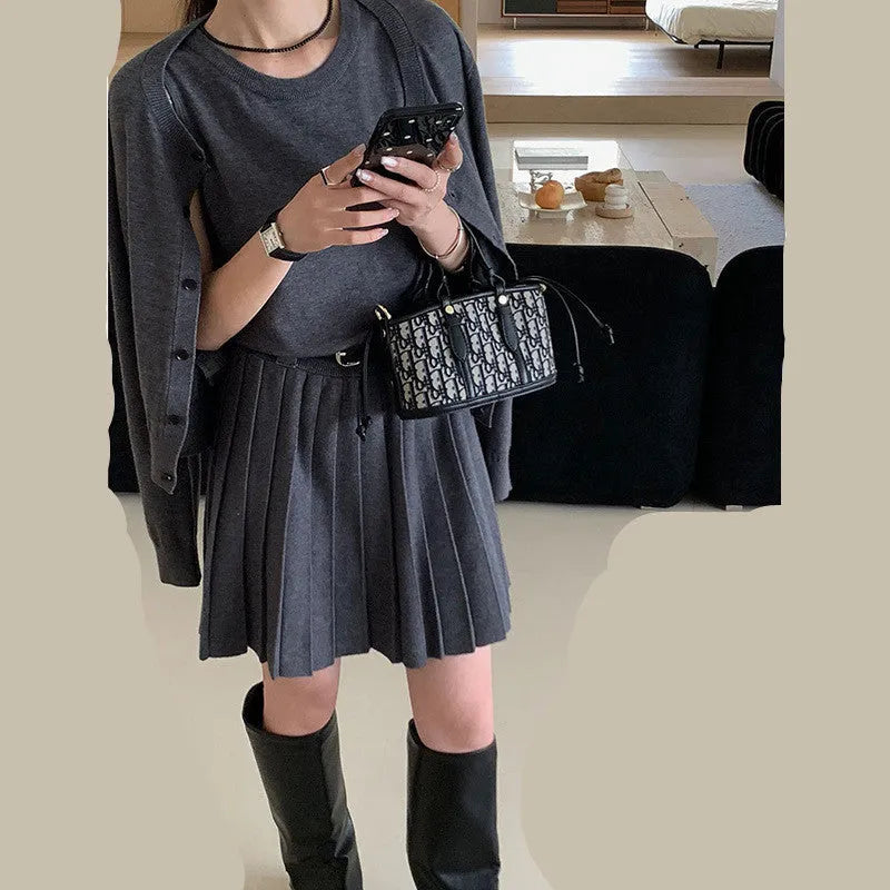 Grey national style women's two-piece set with pleated vest skirt and long-sleeved cardigan