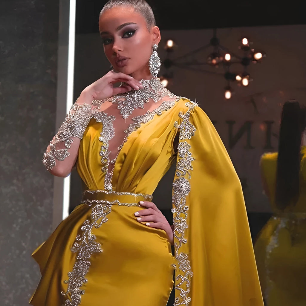 Women's long sleeve high waist swing dress in yellow with oblique shoulder and sequins