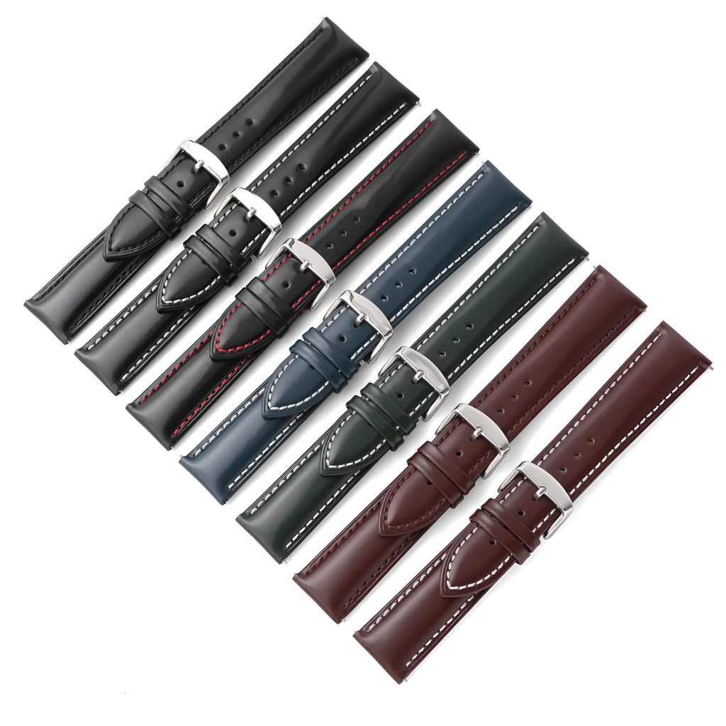 Quick release leather watch strap in bright cowhide showing colour options and width sizes.