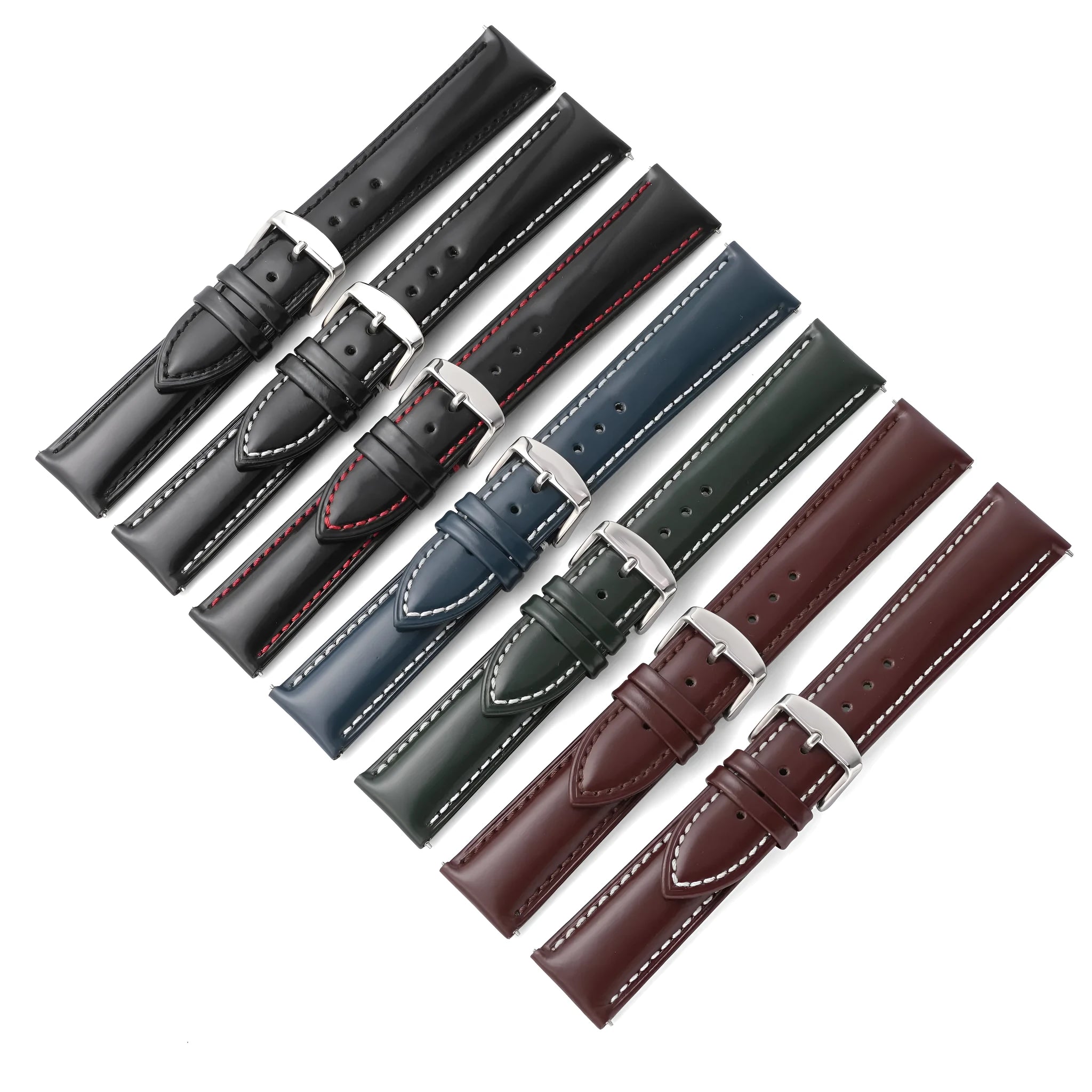 Quick release leather watch strap in bright cowhide showing colour options and width sizes.