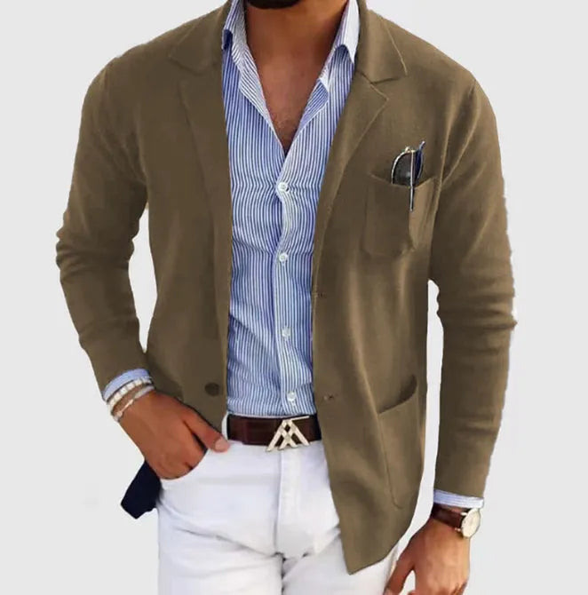 Men's solid colour polyester double button leisure jacket, long sleeve, available in multiple colours