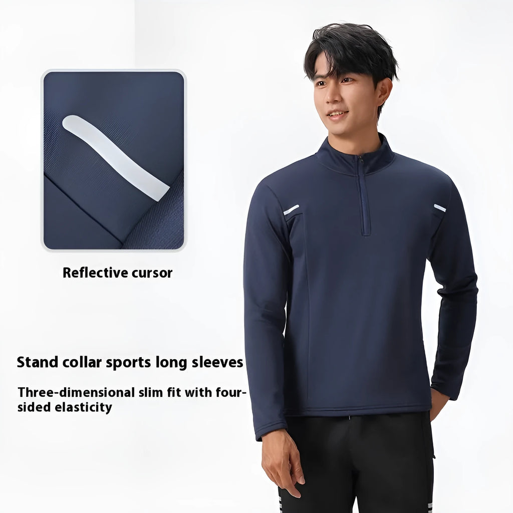 Men's half zip windproof quick dry training top in black, long sleeve, fleece lined, polyester fabric