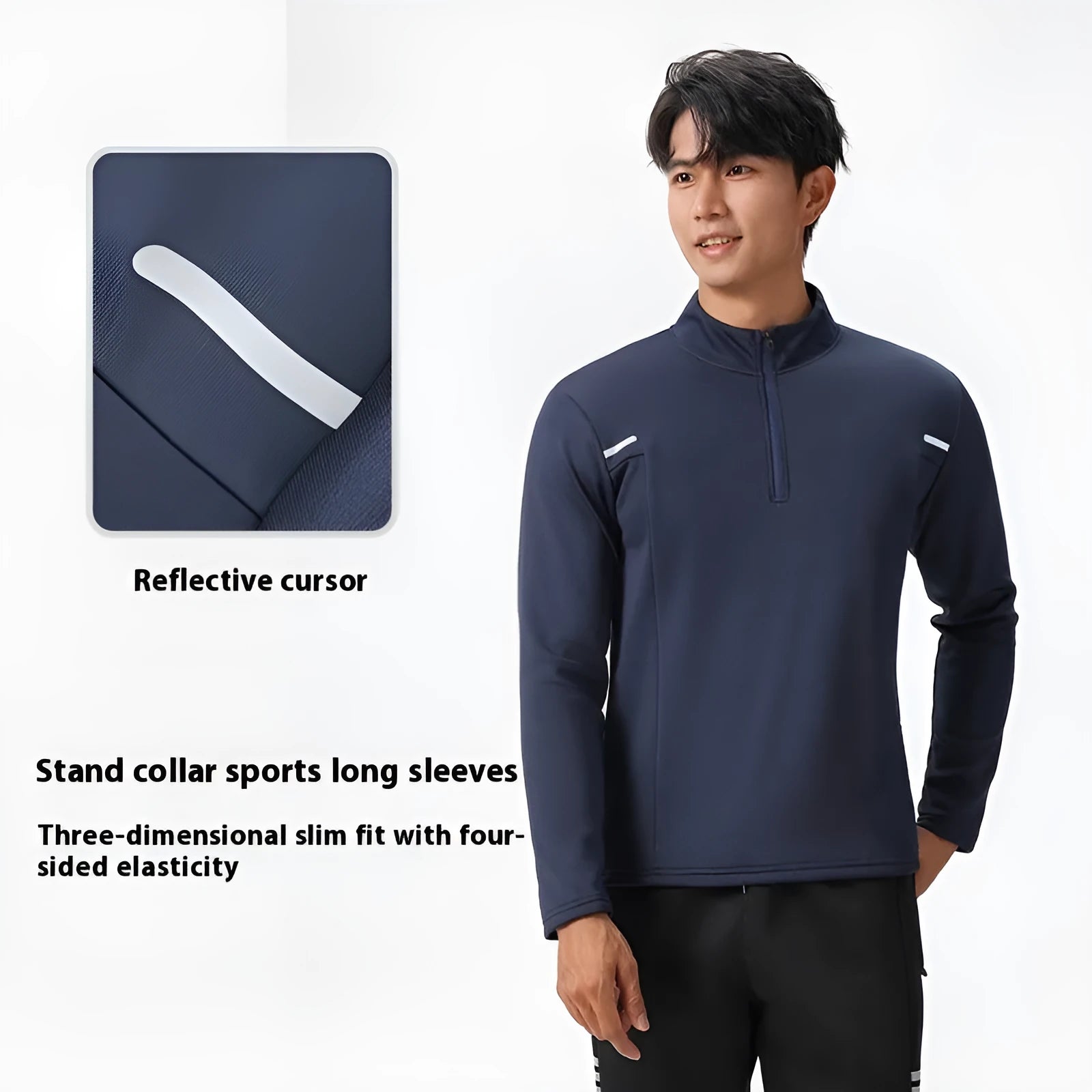 Men's half zip windproof quick dry training top in black, long sleeve, fleece lined, polyester fabric