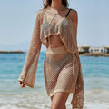 Khaki two-piece women's vacation suit with bell sleeves and hollow-out details in loose fit style