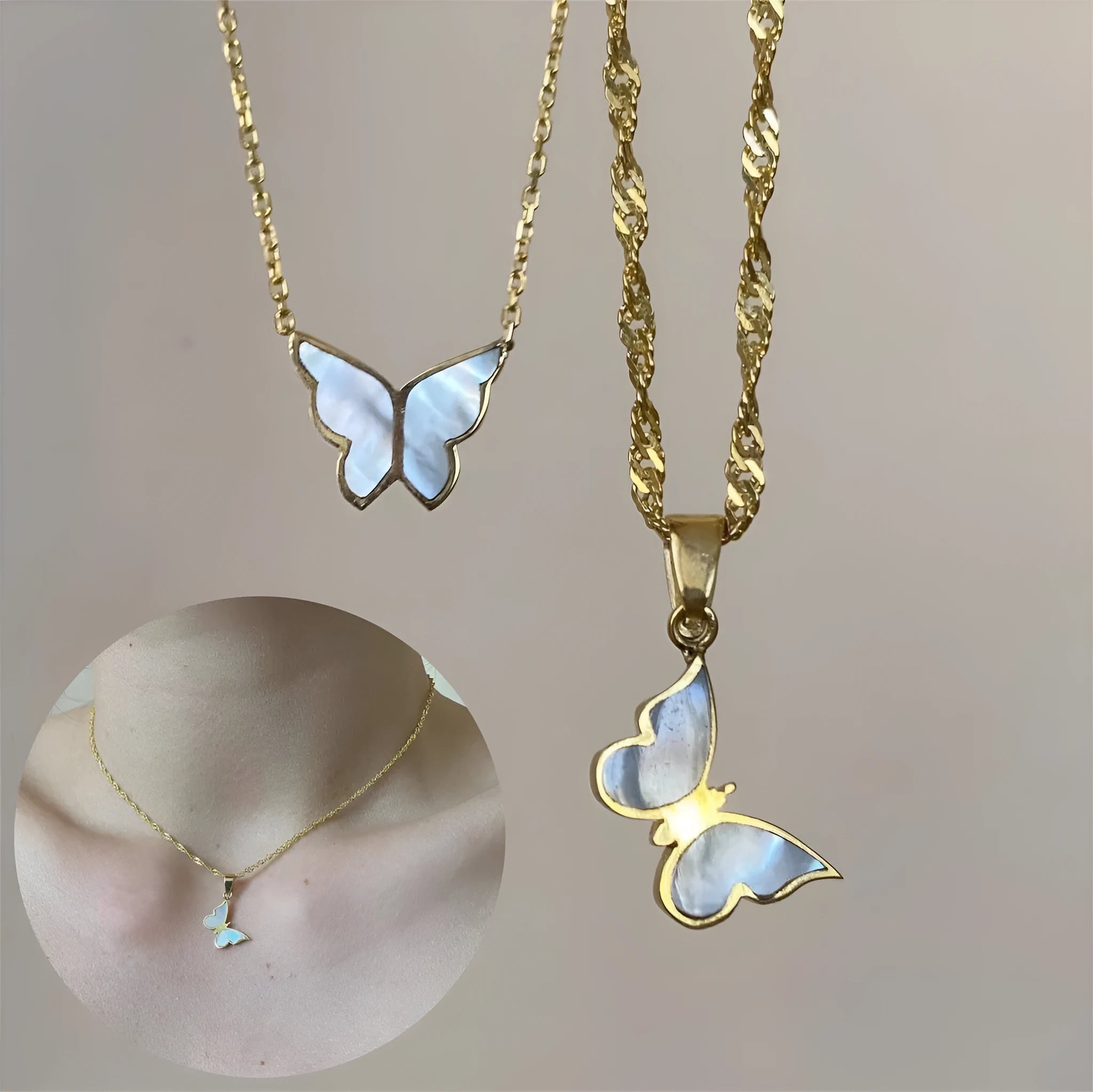 Electroplated 18K gold butterfly clavicle chain necklace for women with titanium steel chain and abalone shell pendant