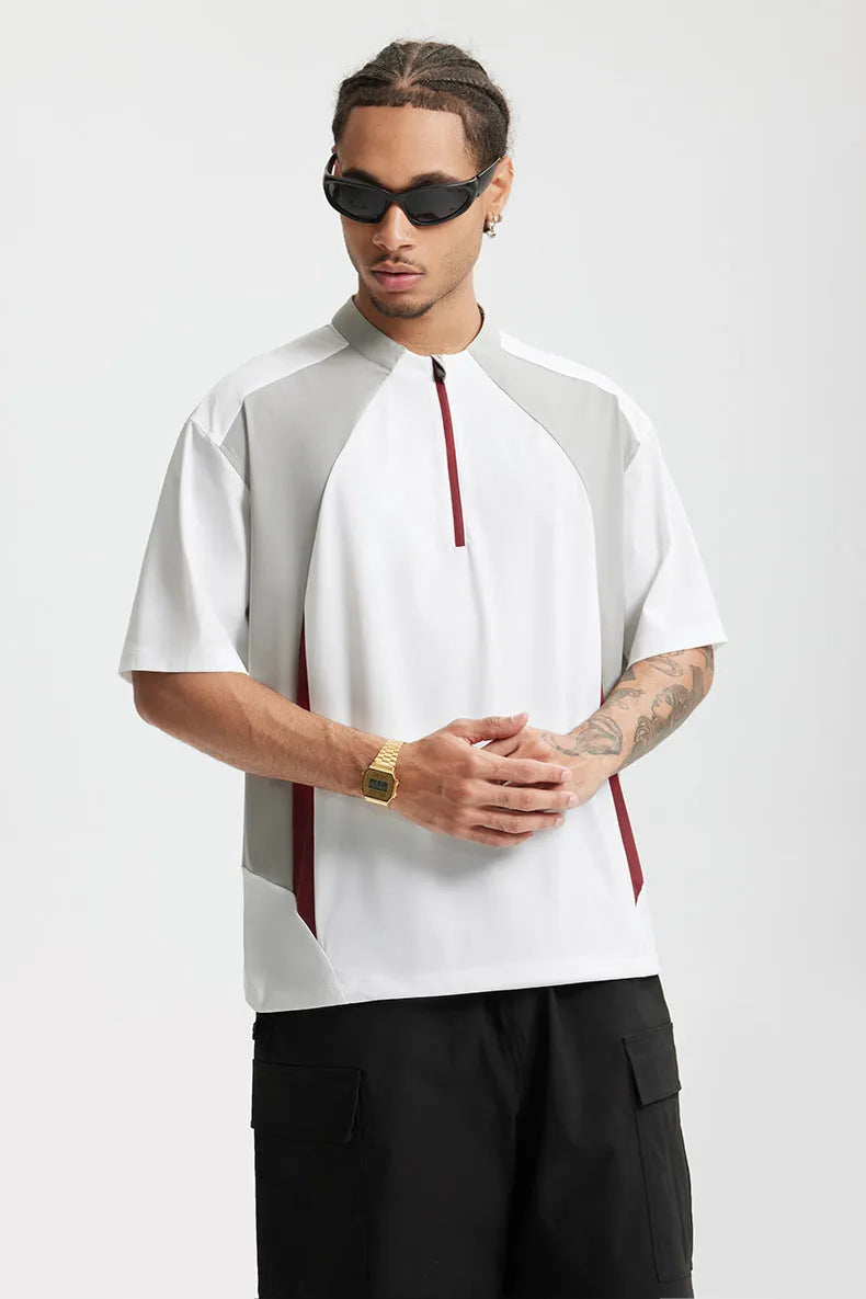 Men's lightweight polyester top with stitching detail in solid colour, showing both long sleeve and short sleeve options