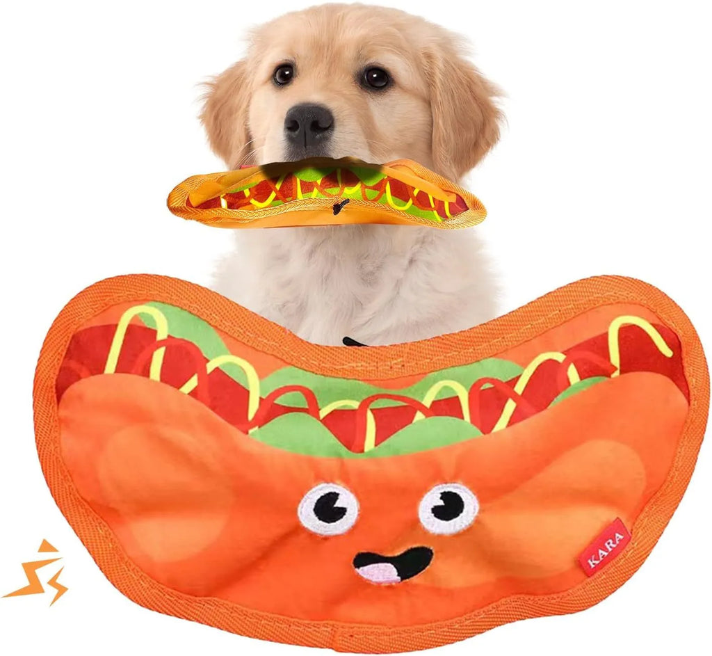 Four colourful dog toys shaped like hamburger, fries, hot dog and pizza with crinkle and squeak features