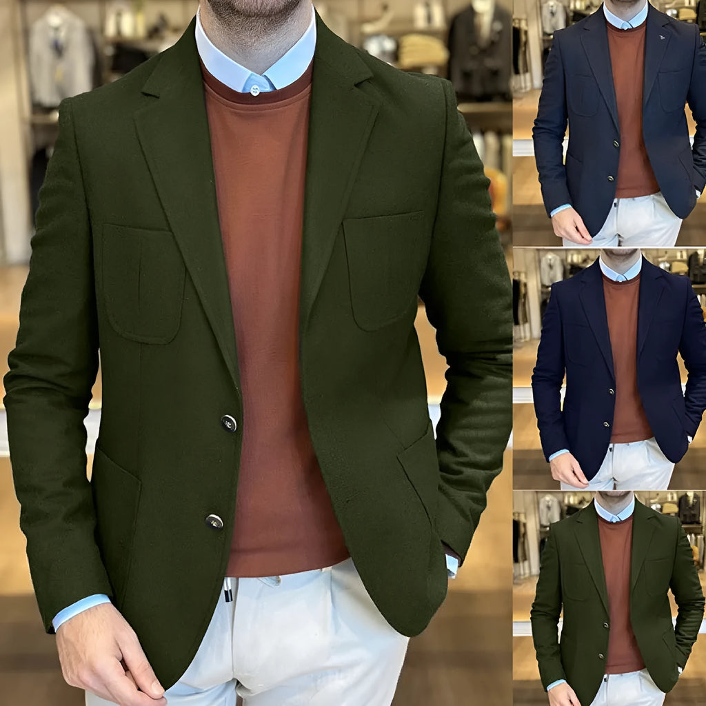 Men's loose fit cotton casual suit in retro style showing solid colour options including Army Green, dark blue, black, brown, and khaki
