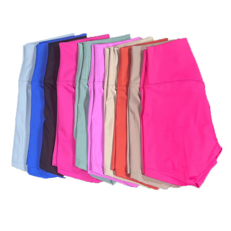 Women's high waist yoga shorts in nylon fabric, shown in multiple colours including pink litchi and electric blue.
