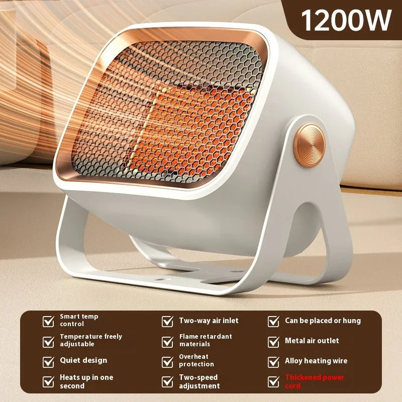 Compact grey desktop heater with rotating design and PTC ceramic heating for small rooms