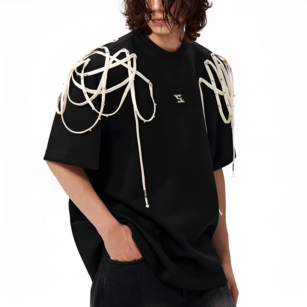 Black loose fit T-shirt with padded shoulders and short sleeves on hanger