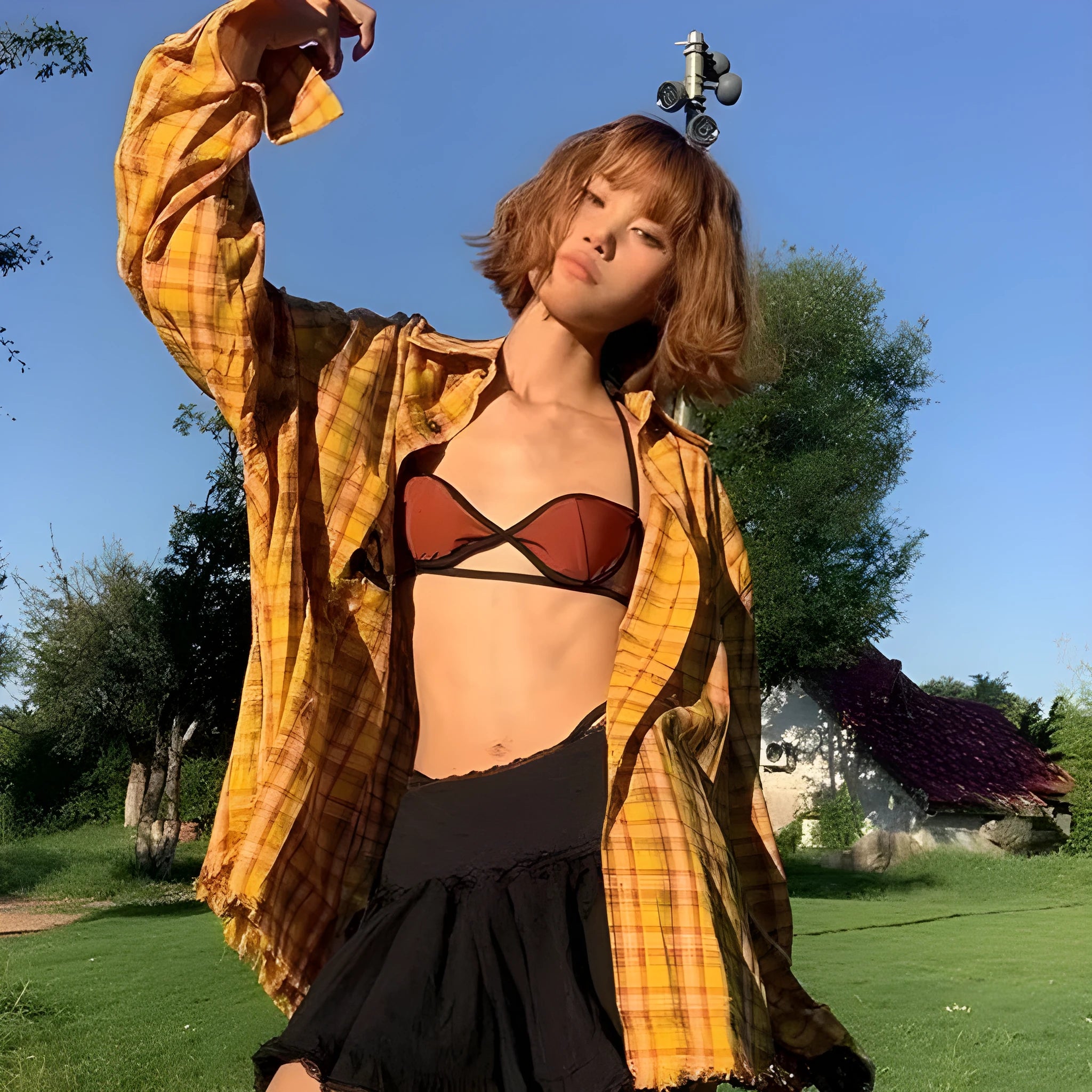 Dopamine yellow plaid shirt in loose cardigan style made from polyester blend fabric