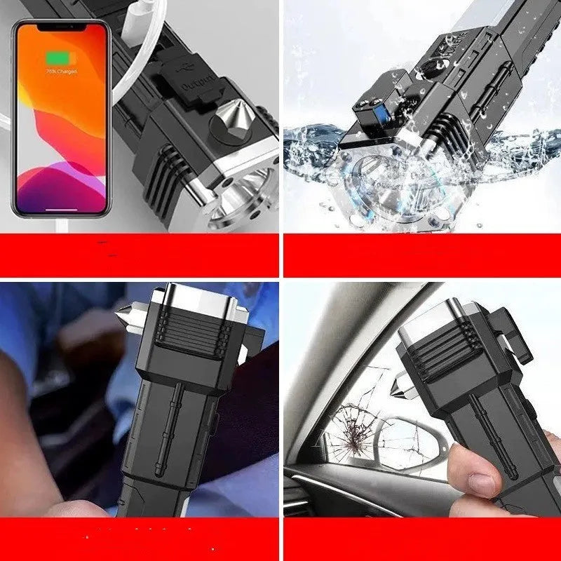 Silver portable LED flashlight with USB charging port, shown for outdoor and emergency use.