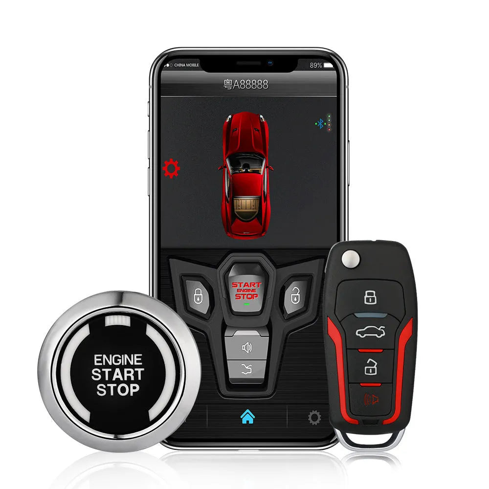 Red and frosted black car alarm system with two remote controls for vehicle security